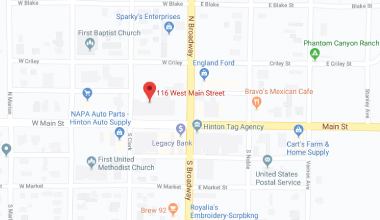 Map showing the location of WCD-WIC Hinton, OK clinic